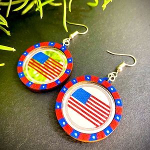 Hand Painted Mirror & Wood American Flag Patriotic 4th of July Dangle Earrings